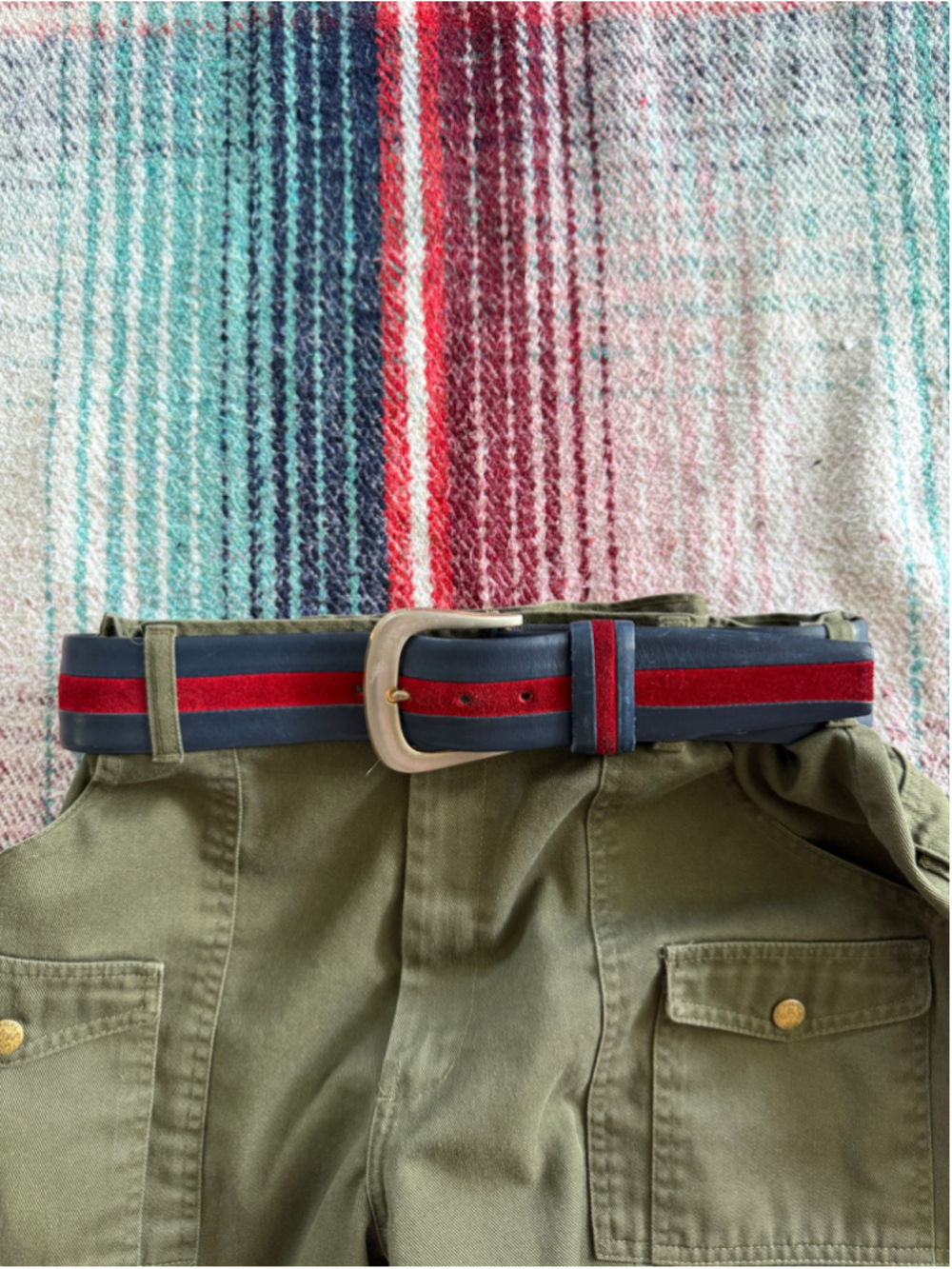 Vintage Navy/Red Harness House Steerhide Western Belt 32